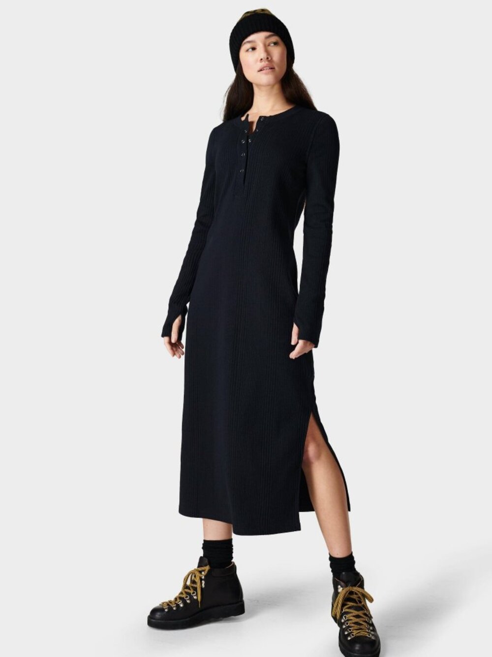 SWEATY BETTY LONDON Ribbed Henley Midi Dress Long Sleeve Black XXS NWT